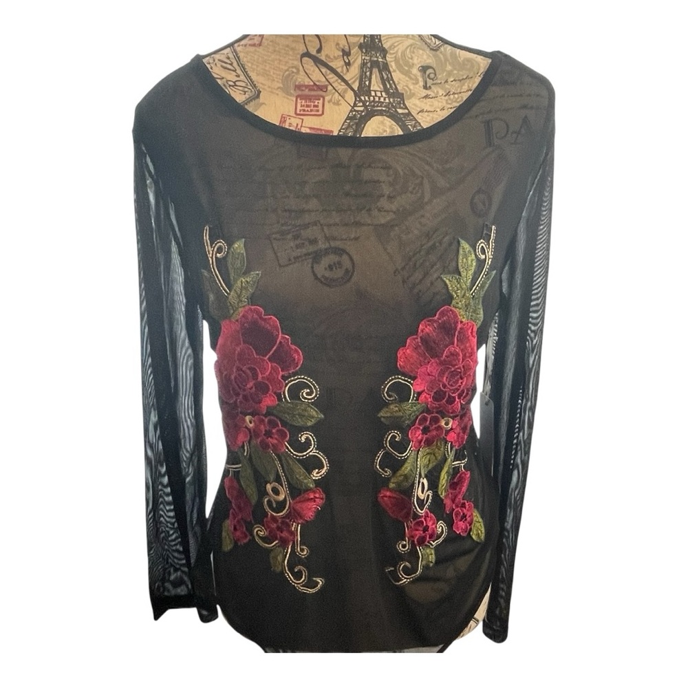 Iris Basic Sheer Black Bodysuit with pink and Green Embroidery